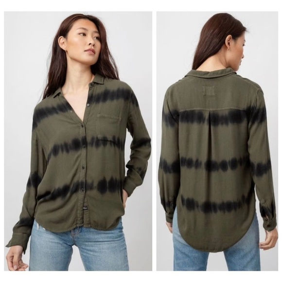 Rails Hunter Tie Dye Herringbone Button Down Shirt in Olive Black Waves size XS - Picture 1 of 16